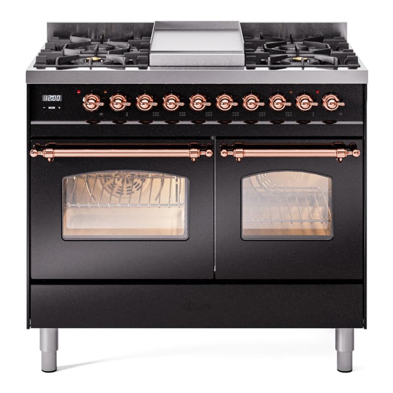 Nostalgie II 40 UPD40FNMPBKP Freestanding Dual Fuel Range with 6 Sealed Burners with Griddle Double Oven with Triple Glass Door with Copper knobs