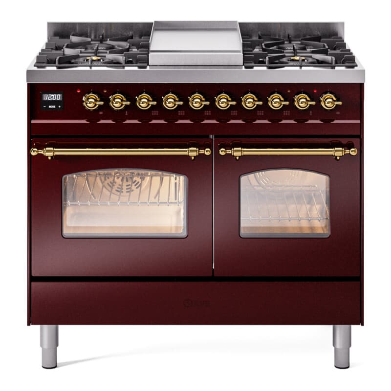 Nostalgie II 40 UPD40FNMPBUG Freestanding Dual Fuel Range with 6 Sealed Burners with Griddle Double Oven with Triple Glass Door with Brass knobs