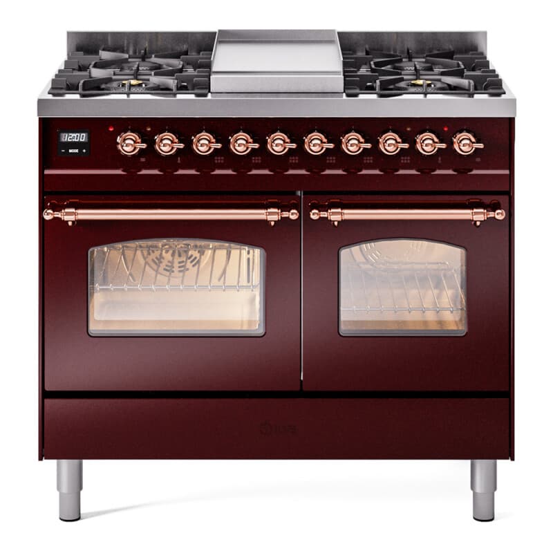 Nostalgie II 40 UPD40FNMPBUP Freestanding Dual Fuel Range with 6 Sealed Burners with Griddle Double Oven with Triple Glass Door with Copper knobs