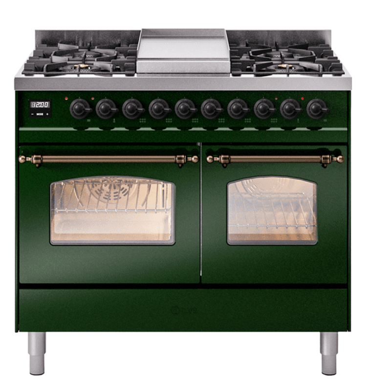 Nostalgie II 40 UPD40FNMPEGB Freestanding Dual Fuel Range with 6 Sealed Burners with Griddle Double Oven with Triple Glass Door with Bronze knobs