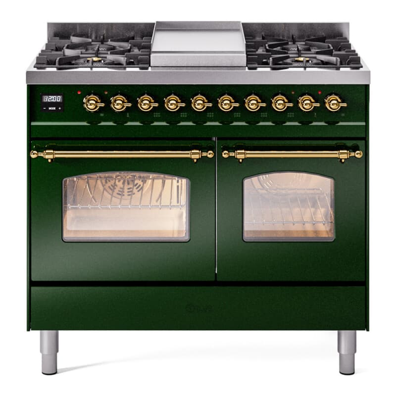Nostalgie II 40 UPD40FNMPEGG Freestanding Dual Fuel Range with 6 Sealed Burners with Griddle Double Oven with Triple Glass Door with Brass knobs