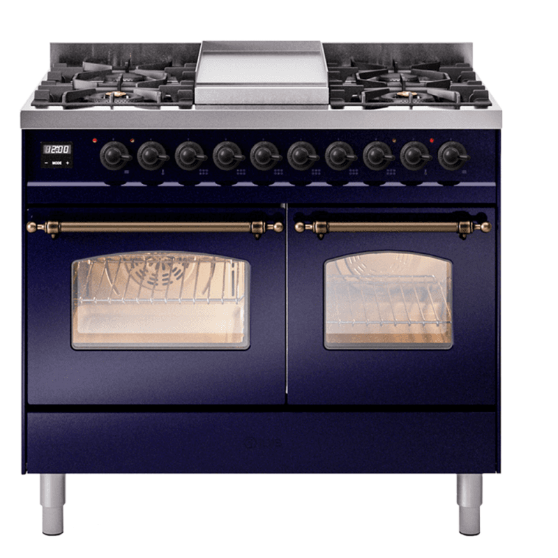Nostalgie II 40 UPD40FNMPMBB Freestanding Dual Fuel Range with 6 Sealed Burners with Griddle Double Oven with Triple Glass Door with Bronze knobs
