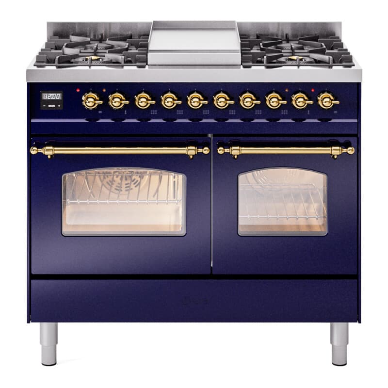 Nostalgie II 40 UPD40FNMPMBG Freestanding Dual Fuel Range with 6 Sealed Burners with Griddle Double Oven with Triple Glass Door with Brass knobs