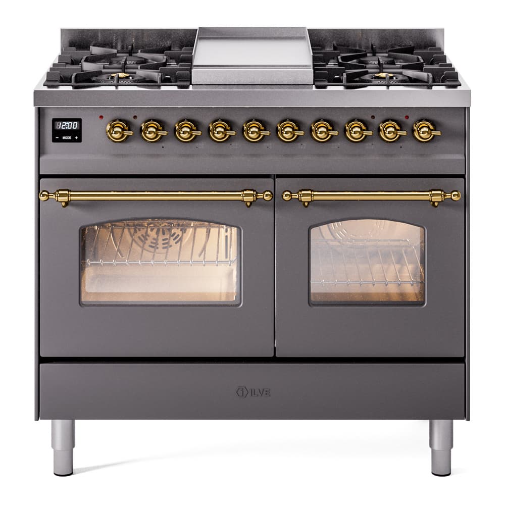 Nostalgie II 40 UPD40FNMPMGG Freestanding Dual Fuel Range with 6 Sealed Burners with Griddle Double Oven with Triple Glass Door with Brass knobs
