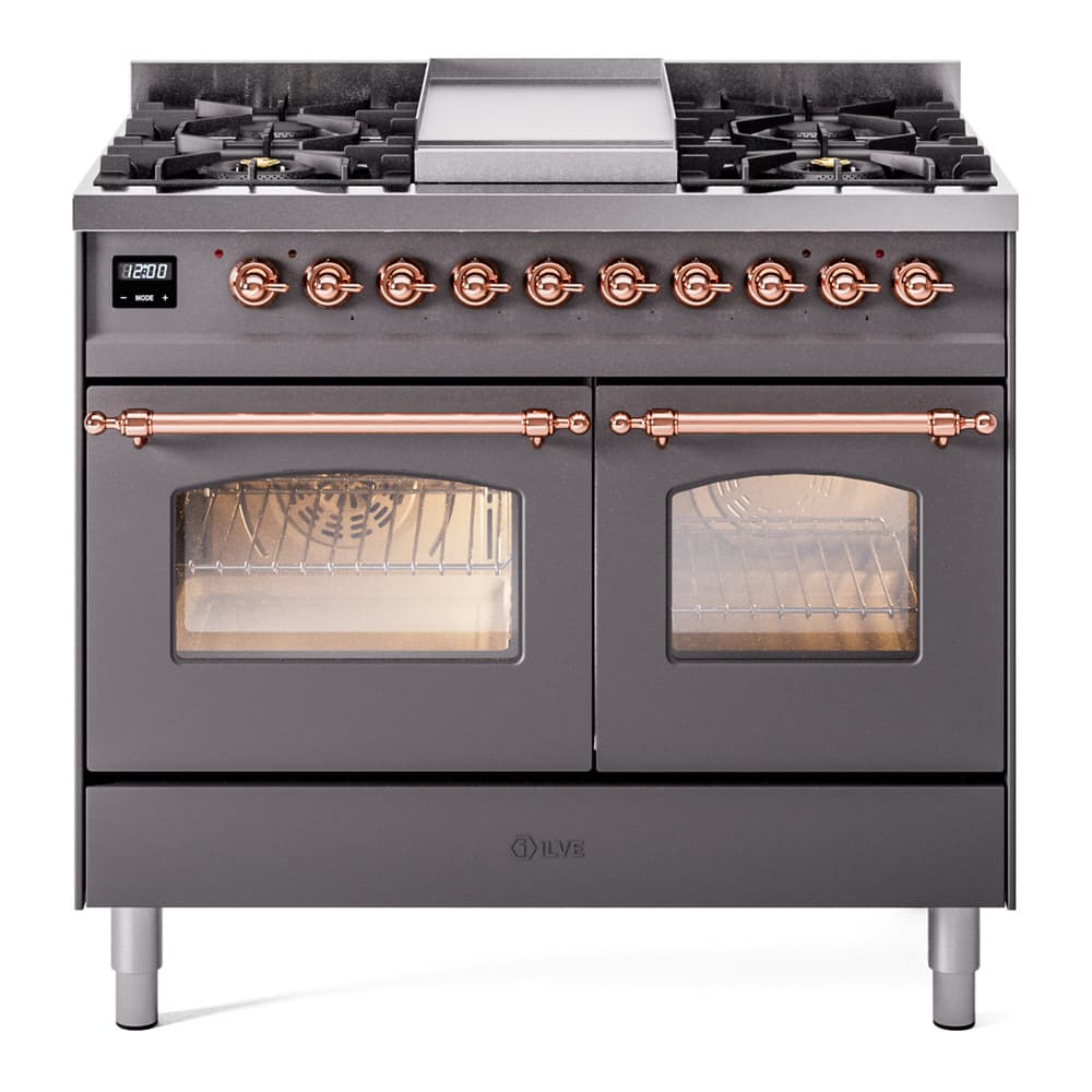 Nostalgie II 40 UPD40FNMPMGP Freestanding Dual Fuel Range with 6 Sealed Burners with Griddle Double Oven with Triple Glass Door with Copper knobs