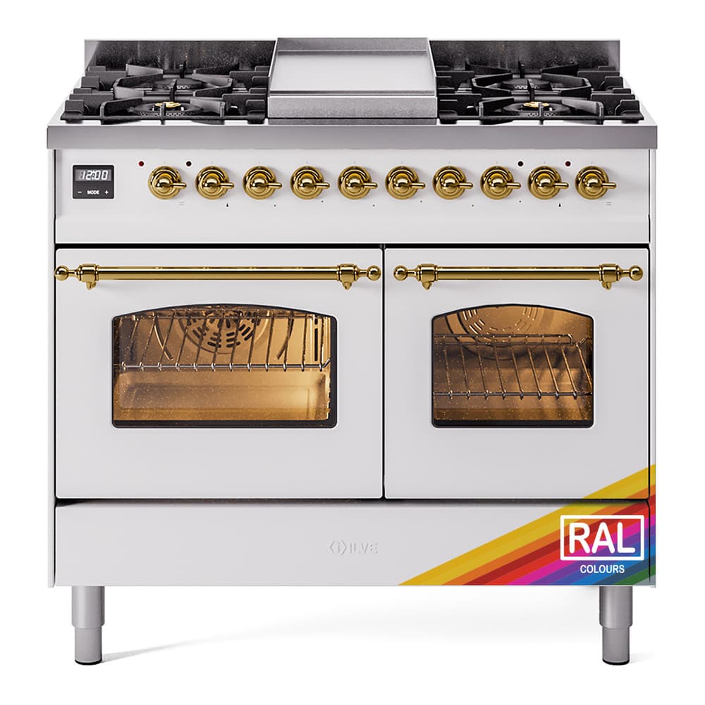 Nostalgie II 40 UPD40FNMPRAG Freestanding Dual Fuel Range with 6 Sealed Burners with Griddle Double Oven with Triple Glass Door with Brass knobs