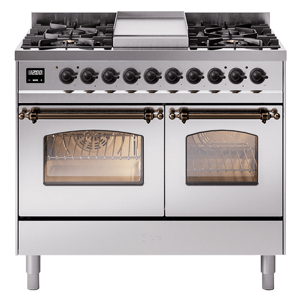 Nostalgie II 40 UPD40FNMPSSB Freestanding Dual Fuel Range with 6 Sealed Burners with Griddle Double Oven with Triple Glass Door with Bronze knobs