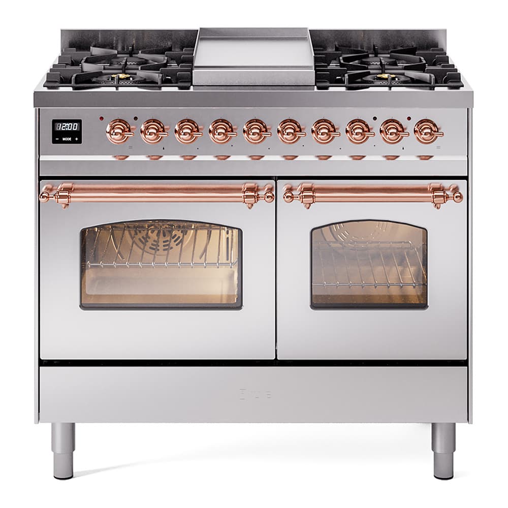 Nostalgie II 40 UPD40FNMPSSP Freestanding Dual Fuel Range with 6 Sealed Burners with Griddle Double Oven with Triple Glass Door with Copper knobs