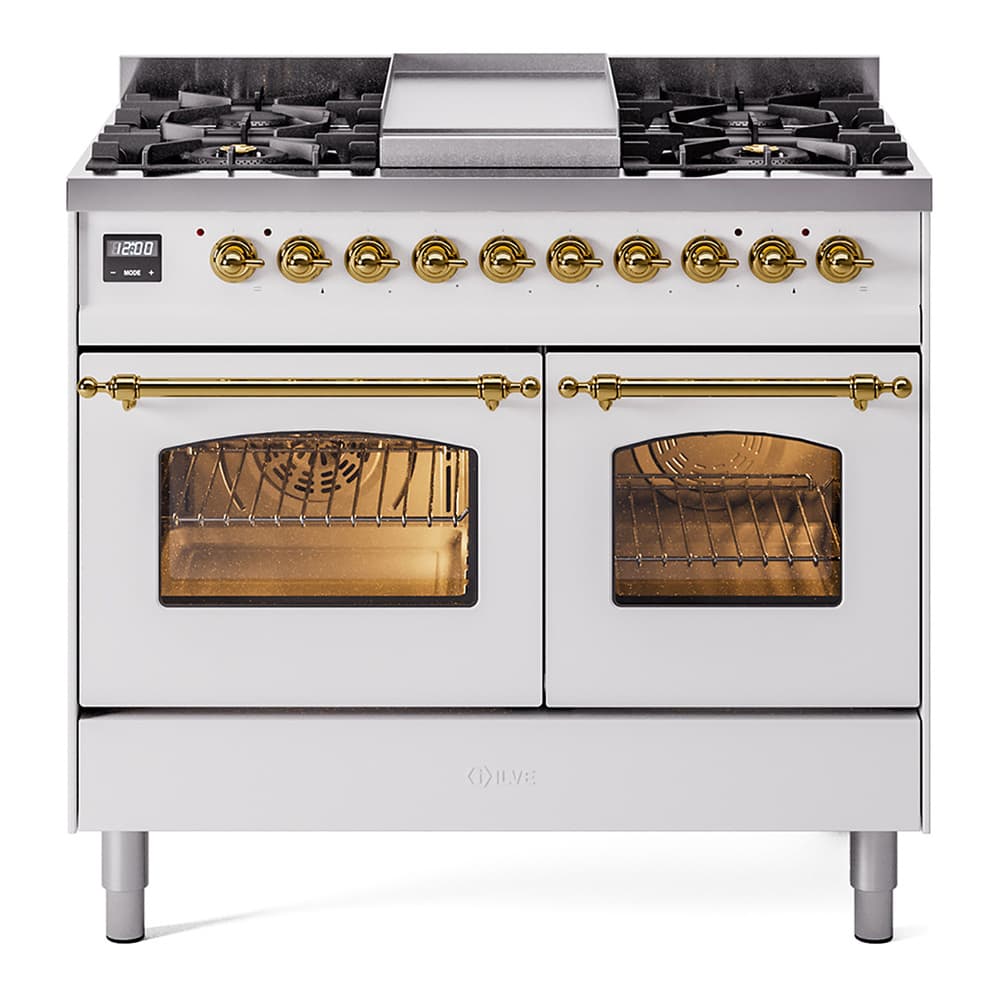 Nostalgie II 40 UPD40FNMPWHG Freestanding Dual Fuel Range with 6 Sealed Burners with Griddle Double Oven with Triple Glass Door with Brass knobs