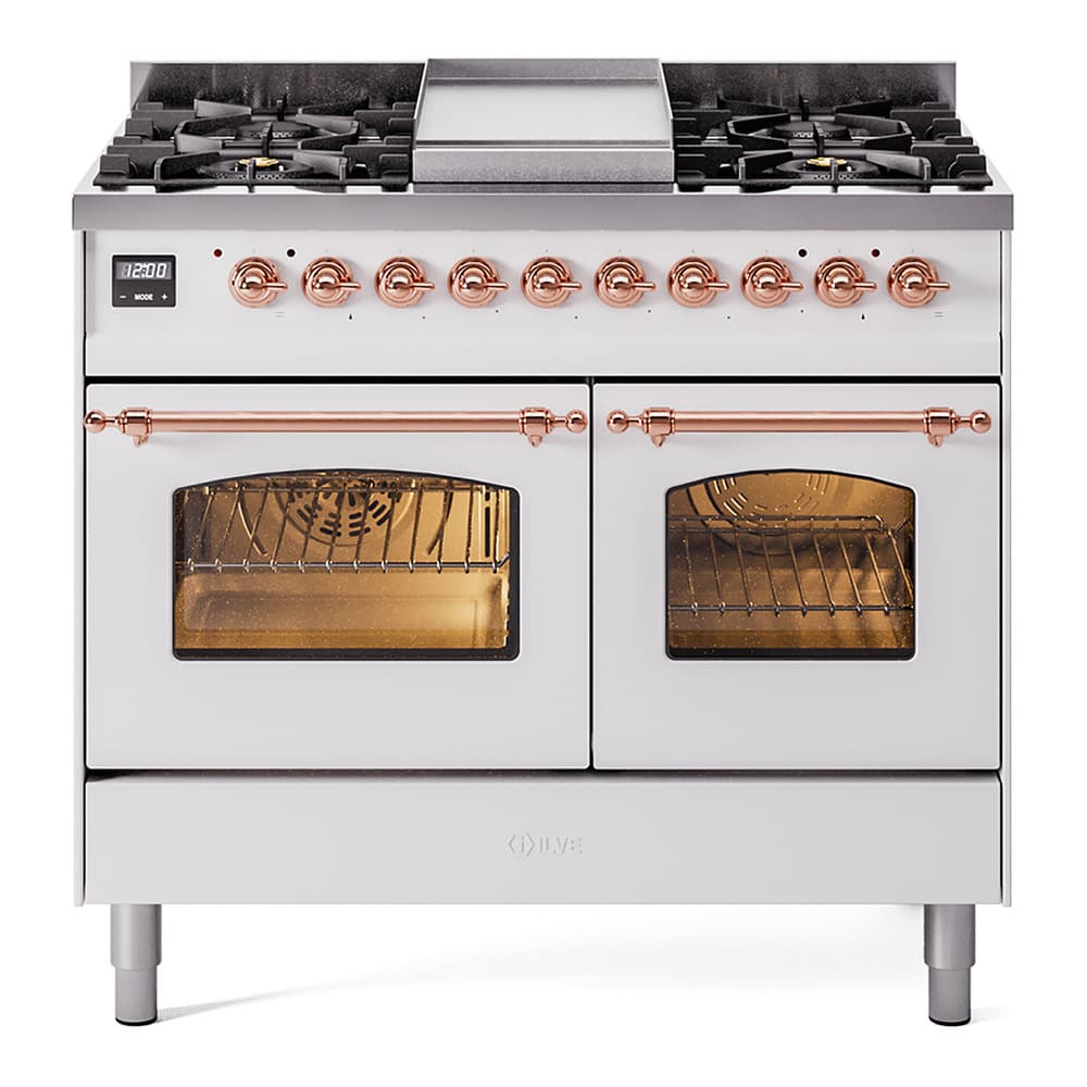 Nostalgie II 40 UPD40FNMPWHP Freestanding Dual Fuel Range with 6 Sealed Burners with Griddle Double Oven with Triple Glass Door with Copper knobs
