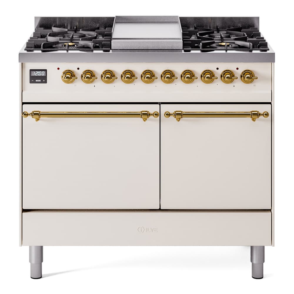 Nostalgie II 40 UPD40FQNMPAWG Freestanding Dual Fuel Range with 6 Sealed Burners with Griddle Double Oven with Solid Door with Brass knobs