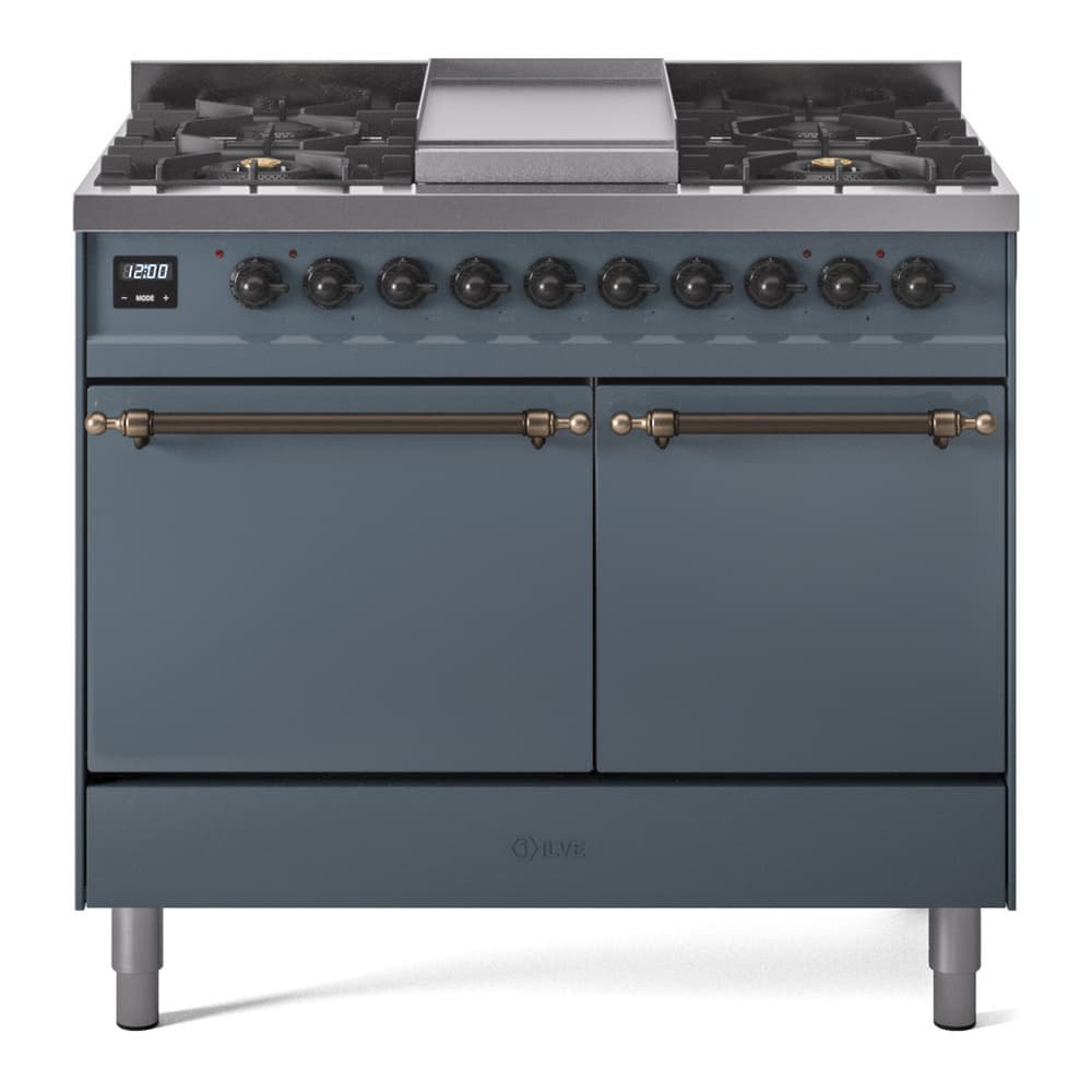 Nostalgie II 40 UPD40FQNMPBGB Freestanding Dual Fuel Range with 6 Sealed Burners with Griddle Double Oven with Solid Door with Bronze knobs