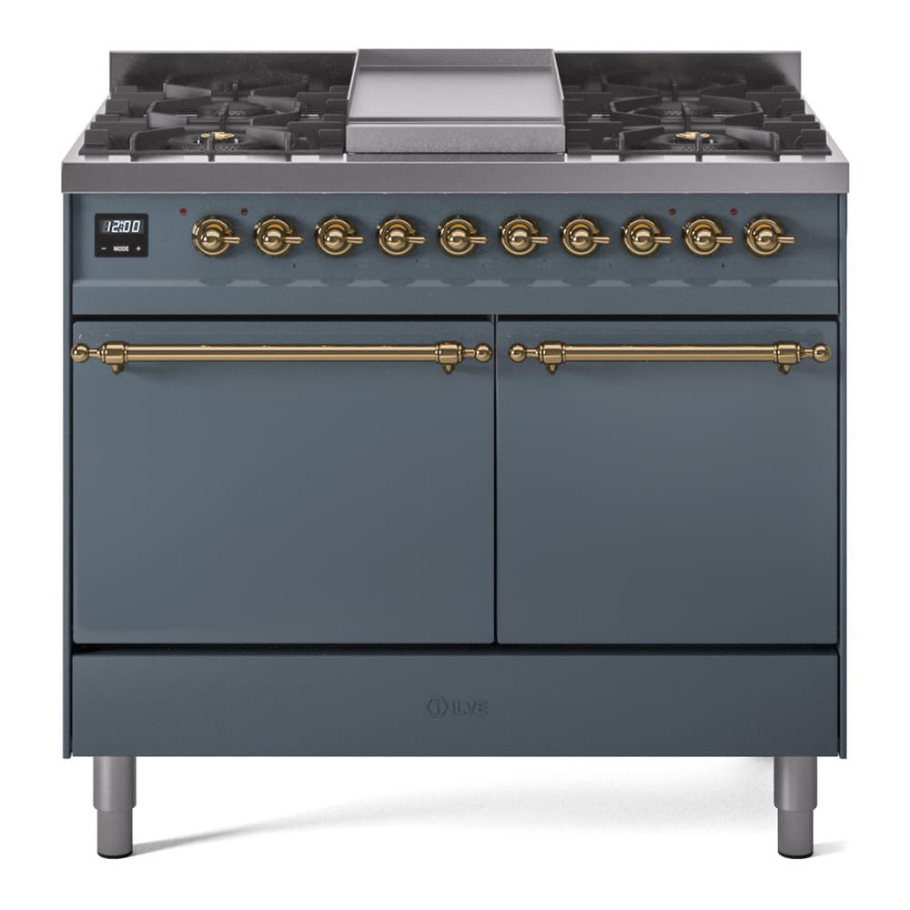 Nostalgie II 40 UPD40FQNMPBGG Freestanding Dual Fuel Range with 6 Sealed Burners with Griddle Double Oven with Solid Door with Brass knobs