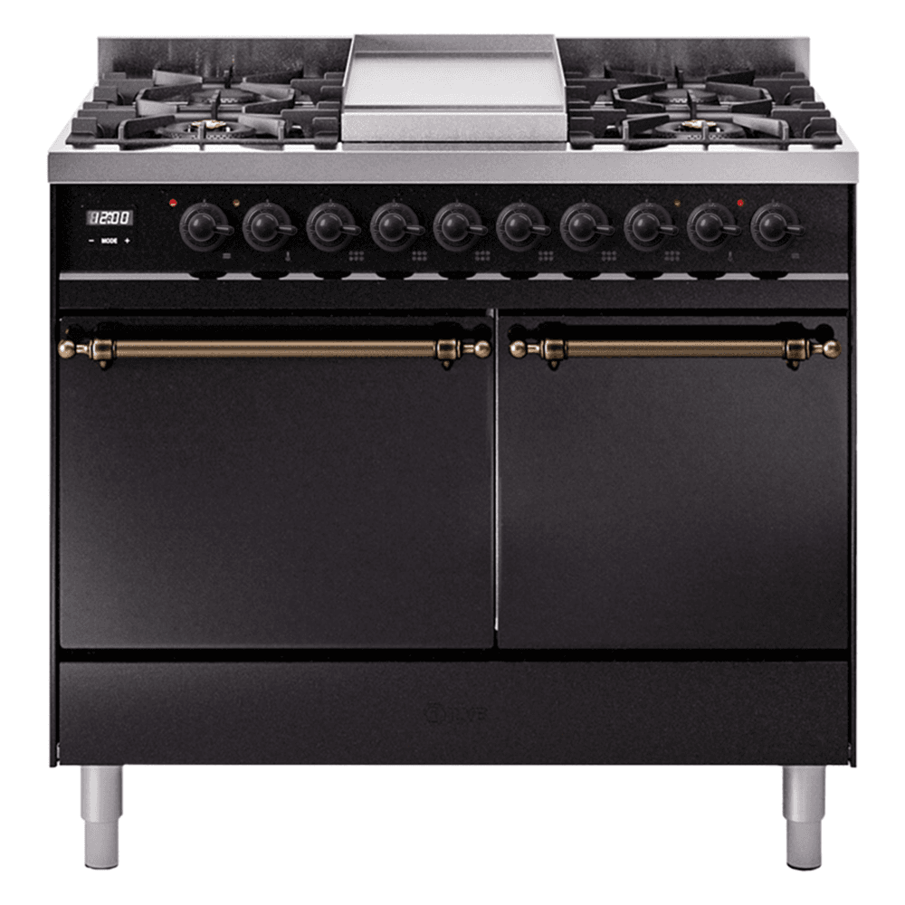 Nostalgie II 40 UPD40FQNMPBKB Freestanding Dual Fuel Range with 6 Sealed Burners with Griddle Double Oven with Solid Door with Bronze knobs