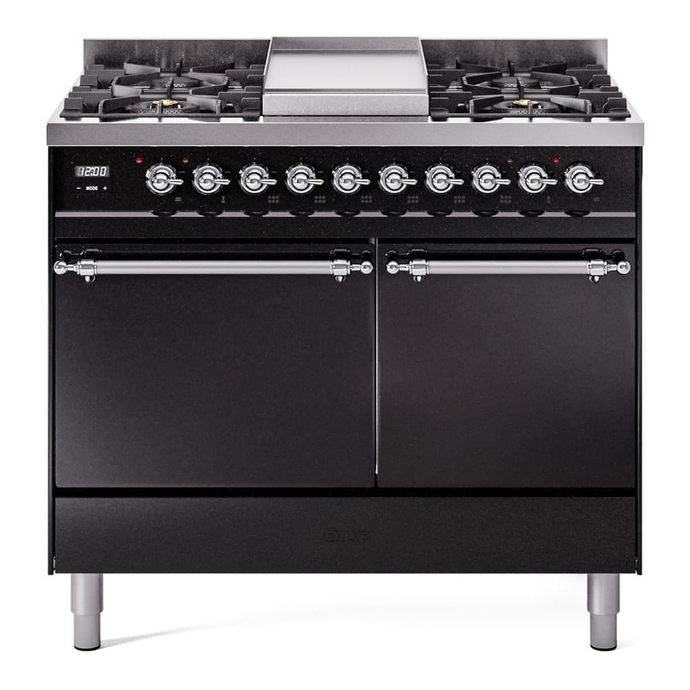 Nostalgie II 40 UPD40FQNMPBKC Freestanding Dual Fuel Range with 6 Sealed Burners with Griddle Double Oven with Solid Door with Chrome knobs