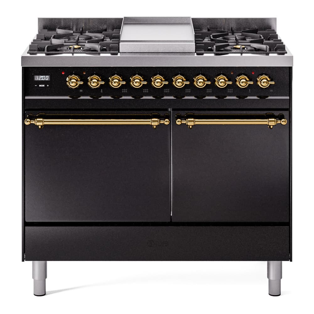 Nostalgie II 40 UPD40FQNMPBKG Freestanding Dual Fuel Range with 6 Sealed Burners with Griddle Double Oven with Solid Door with Brass knobs