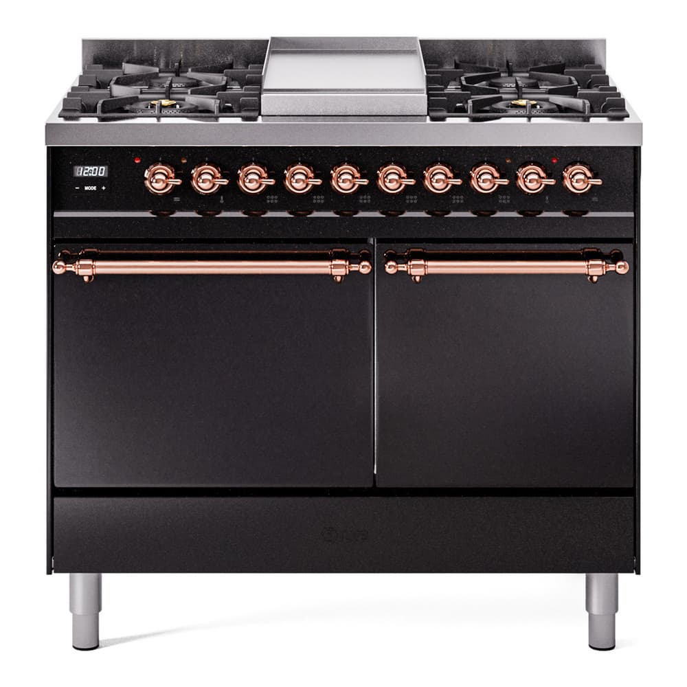 Nostalgie II 40 UPD40FQNMPBKP Freestanding Dual Fuel Range with 6 Sealed Burners with Griddle Double Oven with Solid Door with Copper knobs