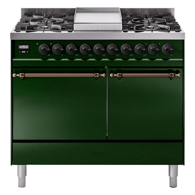 Nostalgie II 40 UPD40FQNMPEGB Freestanding Dual Fuel Range with 6 Sealed Burners with Griddle Double Oven with Solid Door with Bronze knobs