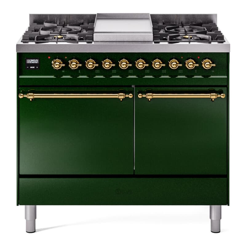 Nostalgie II 40 UPD40FQNMPEGG Freestanding Dual Fuel Range with 6 Sealed Burners with Griddle Double Oven with Solid Door with Brass knobs