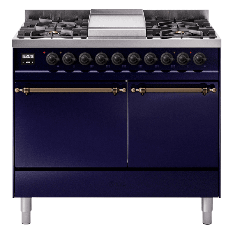 Nostalgie II 40 UPD40FQNMPMBB Freestanding Dual Fuel Range with 6 Sealed Burners with Griddle Double Oven with Solid Door with Bronze knobs