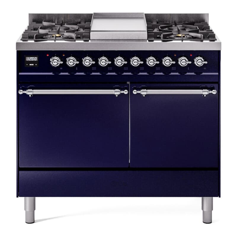 Nostalgie II 40 UPD40FQNMPMBC Freestanding Dual Fuel Range with 6 Sealed Burners with Griddle Double Oven with Solid Door with Chrome knobs
