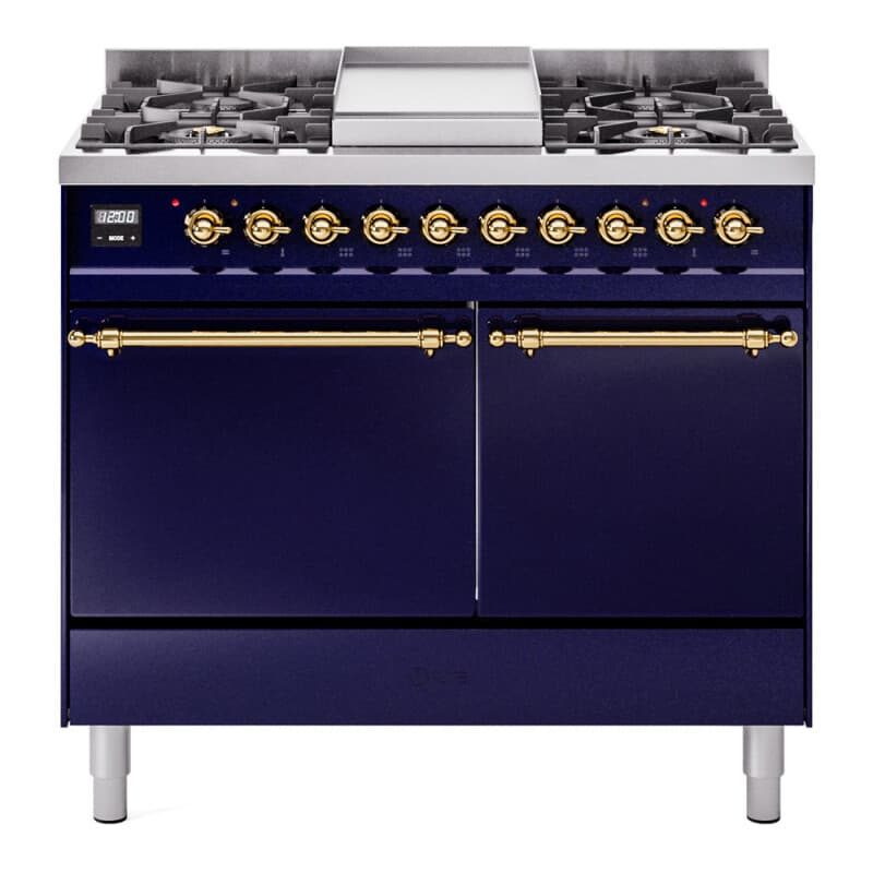 Nostalgie II 40 UPD40FQNMPMBG Freestanding Dual Fuel Range with 6 Sealed Burners with Griddle Double Oven with Solid Door with Brass knobs