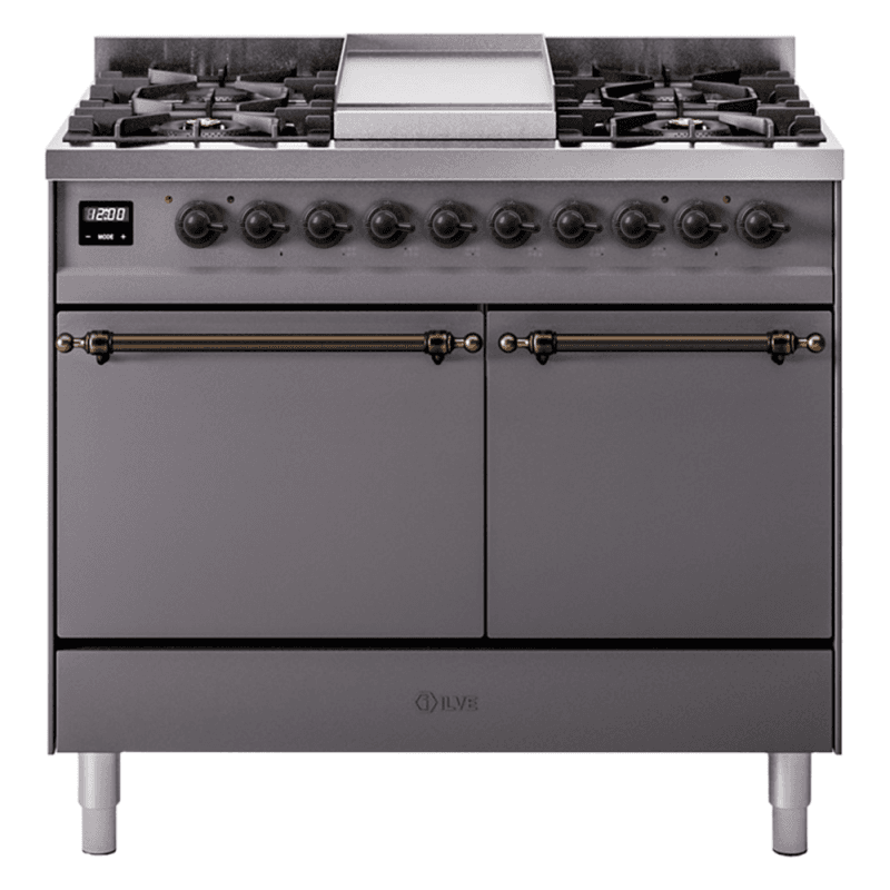 Nostalgie II 40 UPD40FQNMPMGB Freestanding Dual Fuel Range with 6 Sealed Burners with Griddle Double Oven with Solid Door with Bronze knobs