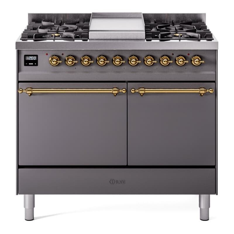 Nostalgie II 40 UPD40FQNMPMGG Freestanding Dual Fuel Range with 6 Sealed Burners with Griddle Double Oven with Solid Door with Brass knobs