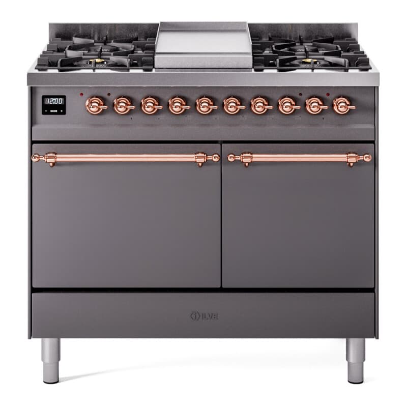 Nostalgie II 40 UPD40FQNMPMGP Freestanding Dual Fuel Range with 6 Sealed Burners with Griddle Double Oven with Solid Door with Copper knobs