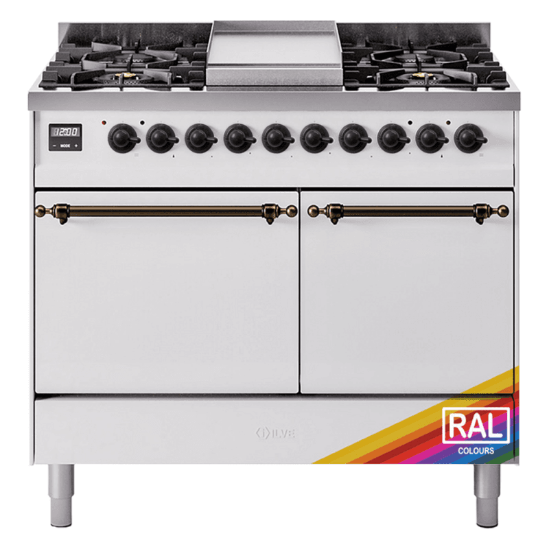 Nostalgie II 40 UPD40FQNMPRAB Freestanding Dual Fuel Range with 6 Sealed Burners with Griddle Double Oven with Solid Door with Bronze knobs