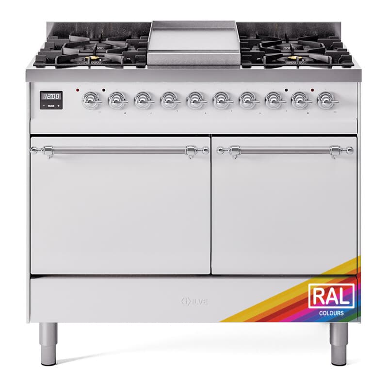 Nostalgie II 40 UPD40FQNMPRAC Freestanding Dual Fuel Range with 6 Sealed Burners with Griddle Double Oven with Solid Door with Chrome knobs