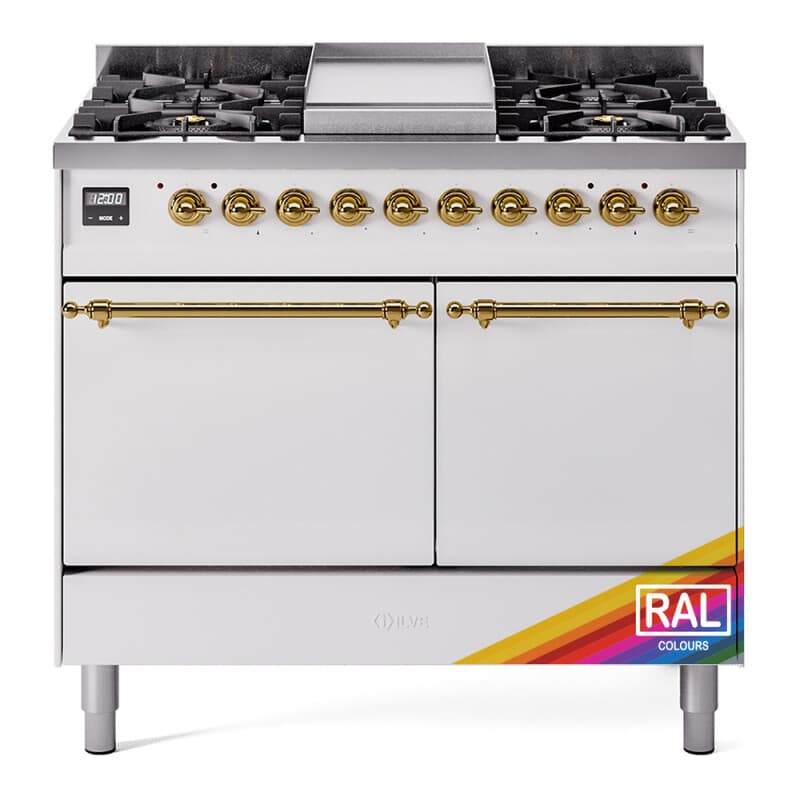 Nostalgie II 40 UPD40FQNMPRAG Freestanding Dual Fuel Range with 6 Sealed Burners with Griddle Double Oven with Solid Door with Brass knobs