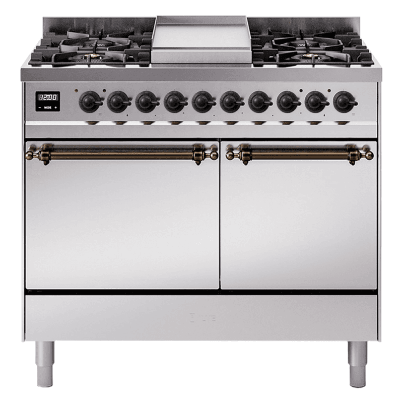 Nostalgie II 40 UPD40FQNMPSSB Freestanding Dual Fuel Range with 6 Sealed Burners with Griddle Double Oven with Solid Door with Bronze knobs