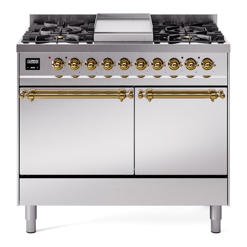 Nostalgie II 40 UPD40FQNMPSSG Freestanding Dual Fuel Range with 6 Sealed Burners with Griddle Double Oven with Solid Door with Brass knobs