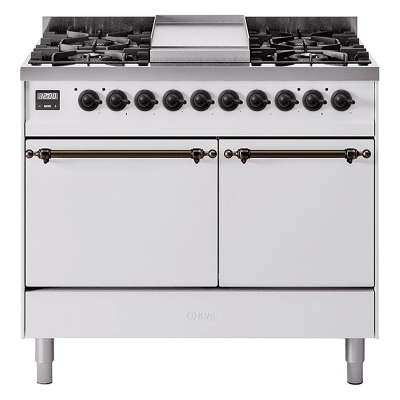 Nostalgie II 40 UPD40FQNMPWHB Freestanding Dual Fuel Range with 6 Sealed Burners with Griddle Double Oven with Solid Door with Bronze knobs
