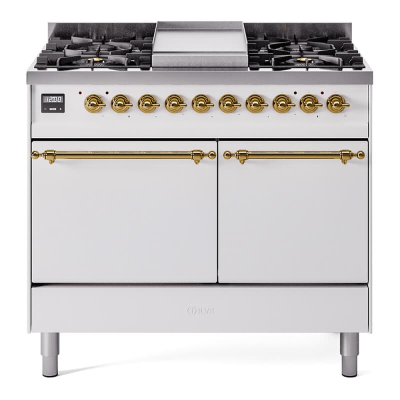 Nostalgie II 40 UPD40FQNMPWHG Freestanding Dual Fuel Range with 6 Sealed Burners with Griddle Double Oven with Solid Door with Brass knobs