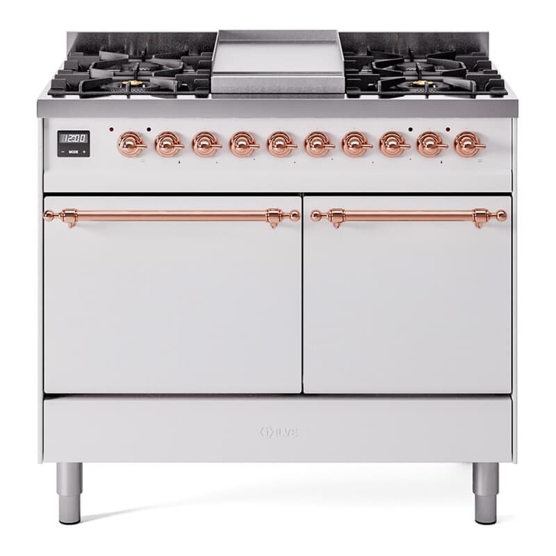 Nostalgie II 40 UPD40FQNMPWHP Freestanding Dual Fuel Range with 6 Sealed Burners with Griddle Double Oven with Solid Door with Copper knobs