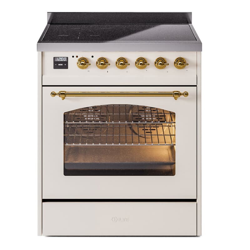 Nostalgie II Series 30 inch Freestanding Electric Induction Range with 4 Elements, Smoothtop Cooktop, 4 cu. ft. Total Oven Capacity, Convection Oven, Viewing Window, Storage Drawer with Brass Trim