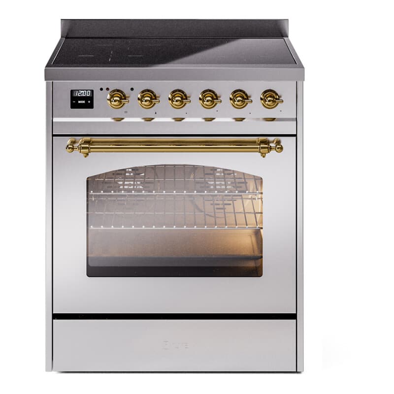Nostalgie II Series 30 inch Freestanding Electric Induction Range with 4 Elements, Smoothtop Cooktop, 4 cu. ft. Total Oven Capacity, Convection Oven, Storage Drawer with Brass Trim