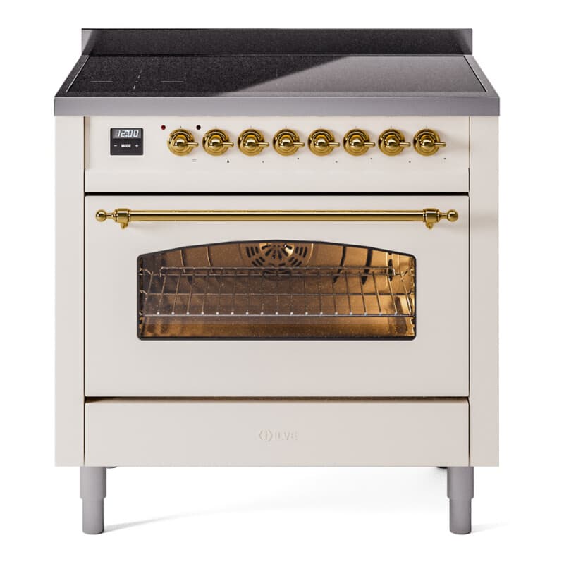 Nostalgie II Series 36 inch Freestanding Electric Induction Range with 6 Elements, Smoothtop Cooktop, 3.5 cu. ft. Total Oven Capacity, Convection Oven, Viewing Window, Storage Drawer with Brass Trim