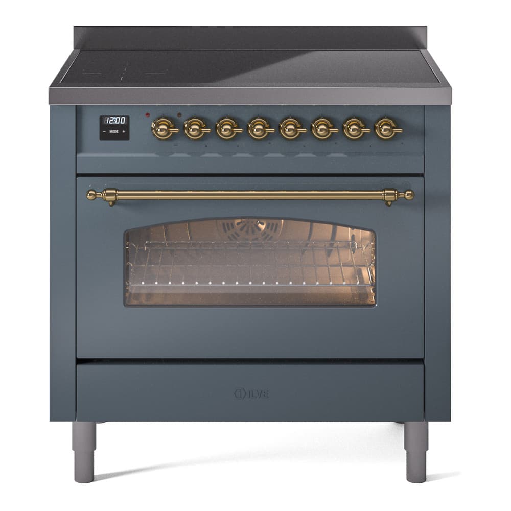 Nostalgie II Series 36 inch Freestanding Electric Induction Range with 6 Elements, Smoothtop Cooktop, 3.5 cu. ft. Total Oven Capacity, Convection Oven, Storage Drawer with Brass Trim