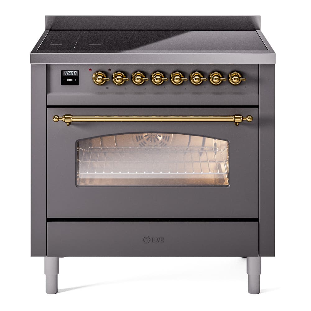 Nostalgie II Series 36 inch Freestanding Electric Induction Range with 6 Elements, Smoothtop Cooktop, 3.5 cu. ft. Total Oven Capacity, Convection Oven, Storage Drawer, with Brass Trim