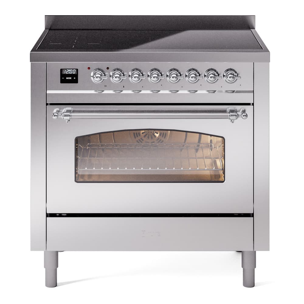 Nostalgie II Series 36 inch Freestanding Electric Induction Range with 6 Elements, Smoothtop Cooktop, 3.5 cu. ft. Total Oven Capacity, Convection Oven, Storage Drawer, with Chrome Trim