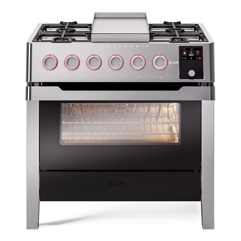 Panoramagic 36 UPM09FDS3SS Freestanding Dual Fuel Range with 6 Sealed Burners with Griddle Single Oven with Triple Glass Door with Satin knobs
