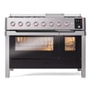 Panoramagic 48 UPM12FDS3SS Freestanding Dual Fuel Range with 8 Sealed Burners with Griddle Double Oven with Triple Glass Door with Satin knobs view 2