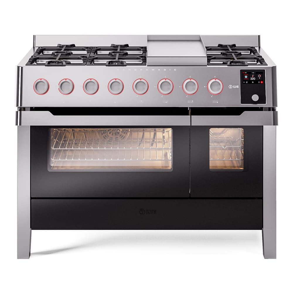 Panoramagic 48 UPM12FDS3SS Freestanding Dual Fuel Range with 8 Sealed Burners with Griddle Double Oven with Triple Glass Door with Satin knobs