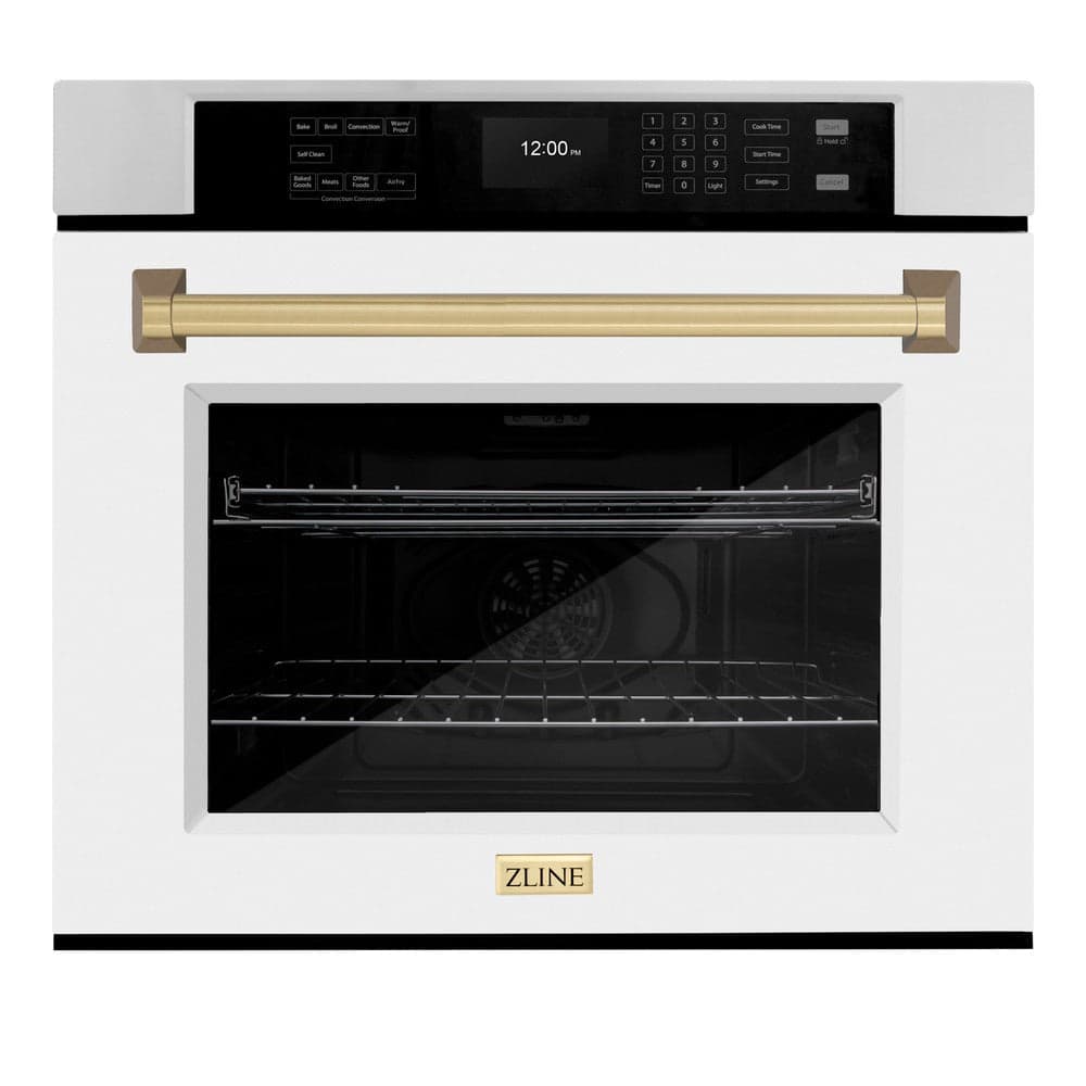 ZLINE Autograph Edition 30 in. Professional True Convection Single Wall Oven with Air Fry and Self Clean in Stainless Steel with White Matte Door and Champagne Bronze Handle (WASZ-WM-30-CB)