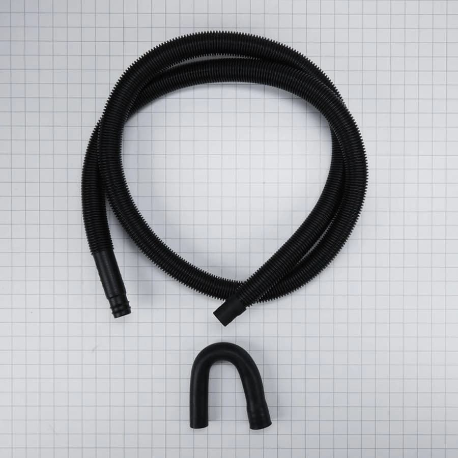 8' Black washer drain hose with molded and straight plastic fittings, U-shape rubber nozzle, and spring clamp - 1 pack