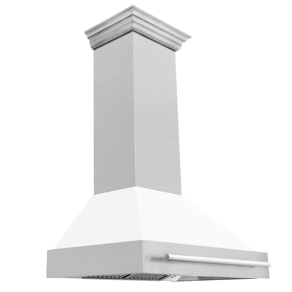 36 In. Satin Stainless Steel Wall Mount Range Hood With White Matte Shell And Stainless Steel Handle