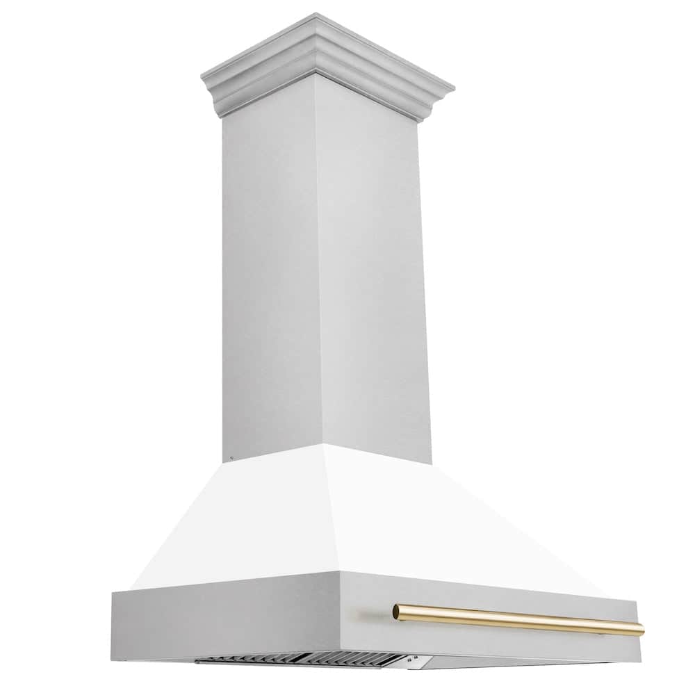 Autograph Edition 36 In. Satin Stainless Steel Wall Mount Range Hood With White Matte Shell And Polished Gold Handle